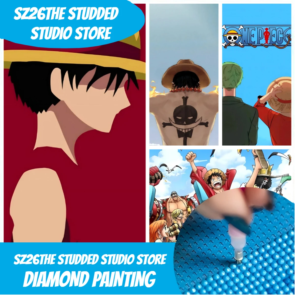5D Diamond Painting Kit Full Drill - Sz26, 장식이 달린 애니메이션 원피스 밀짚모자,